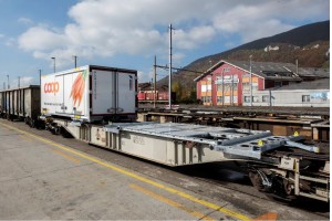 Ein mit einem rCE-Powerpack® versehener Container-Tragwagen der railCare: Im Waggon-Adapter-Rahmen ist ein komplettes Energieversorgungssystem verbaut. (Bildquelle: railCare AG)